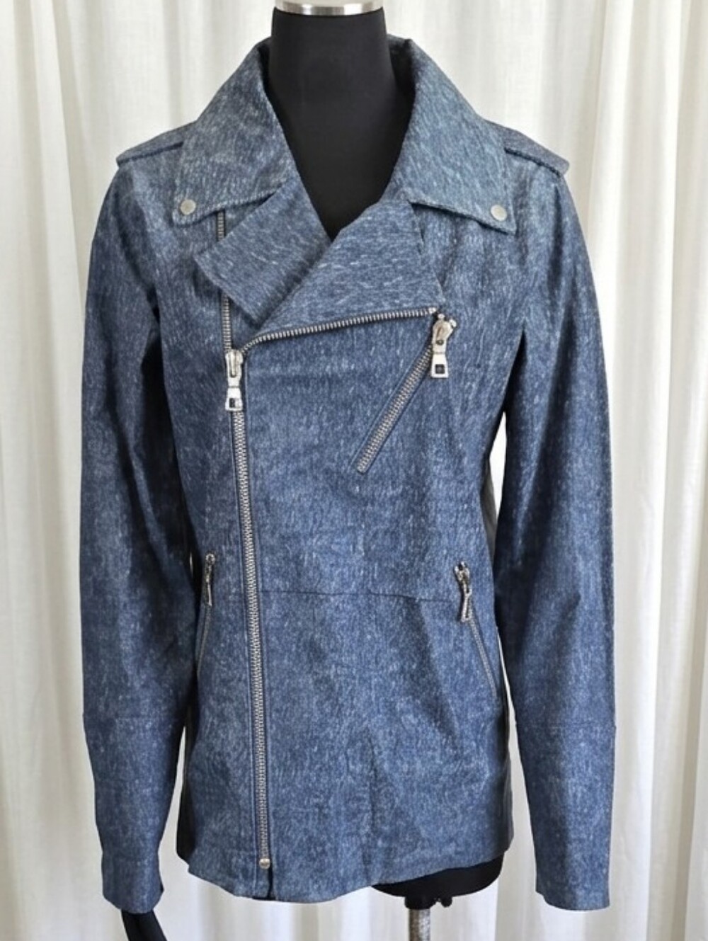 J Brand women's denim-textured leather moto jacket.